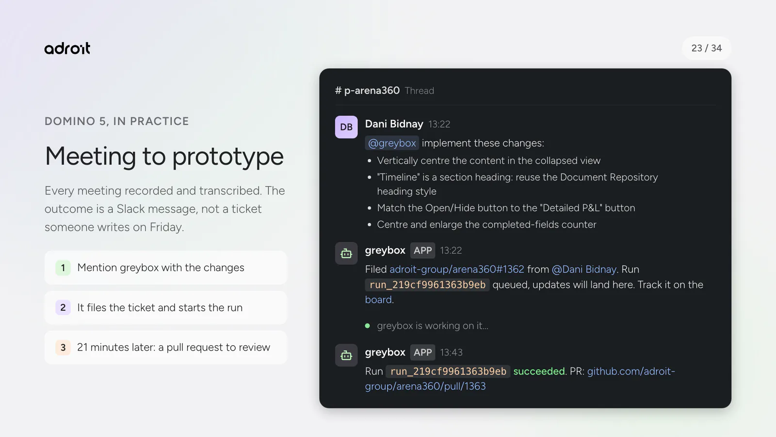 Meeting to prototype: a Slack message, a filed ticket, and a pull request 21 minutes later.